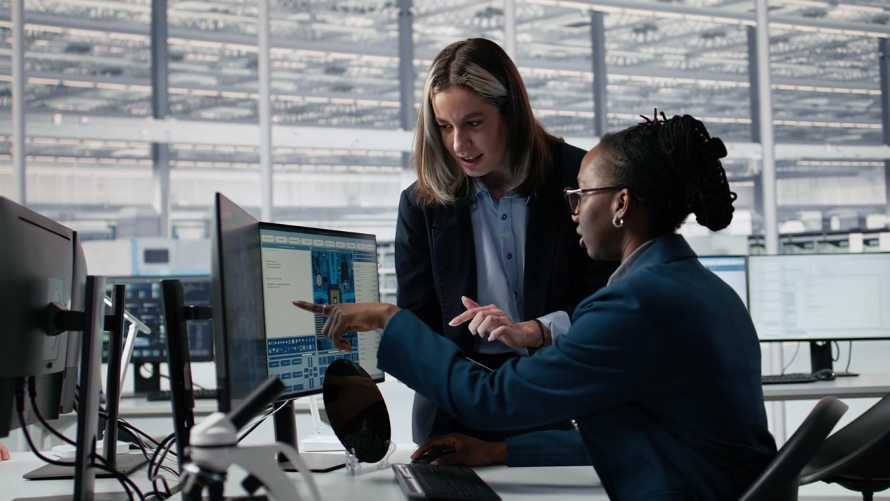 Two Diverse Businesswomen Collaborating on Computer and Tablet in Modern Office