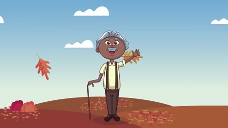 el abuelo lindo en la escena de otoño animación