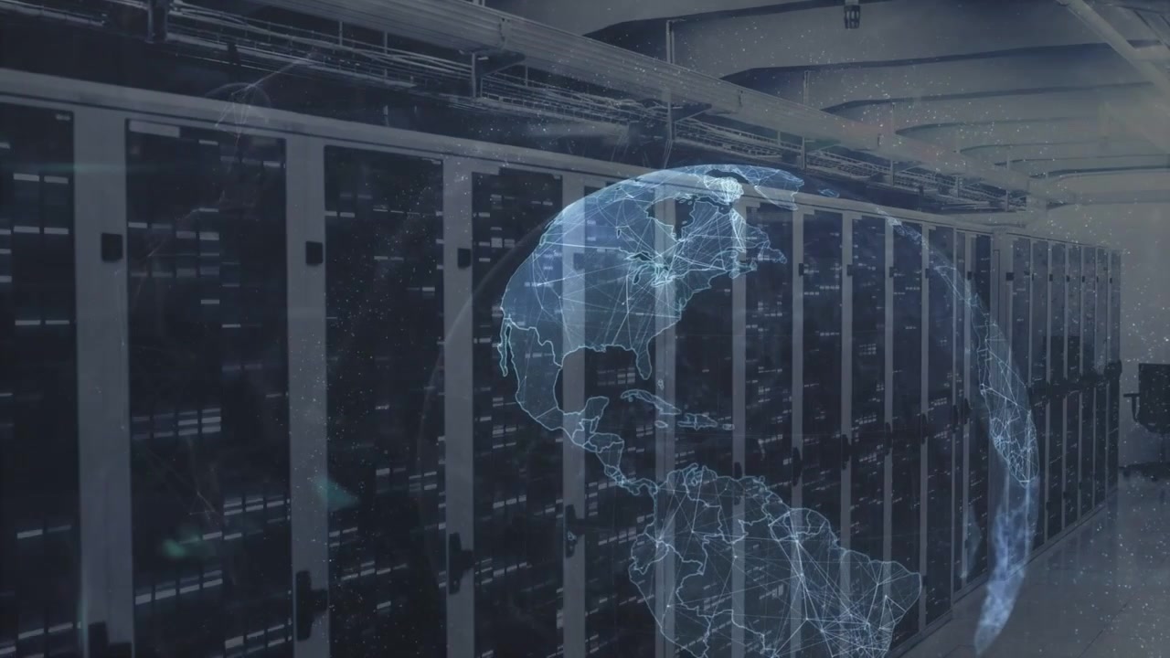 3D globe appearing, growing and spinning while rack LEDs pulsing, camera panning to show network