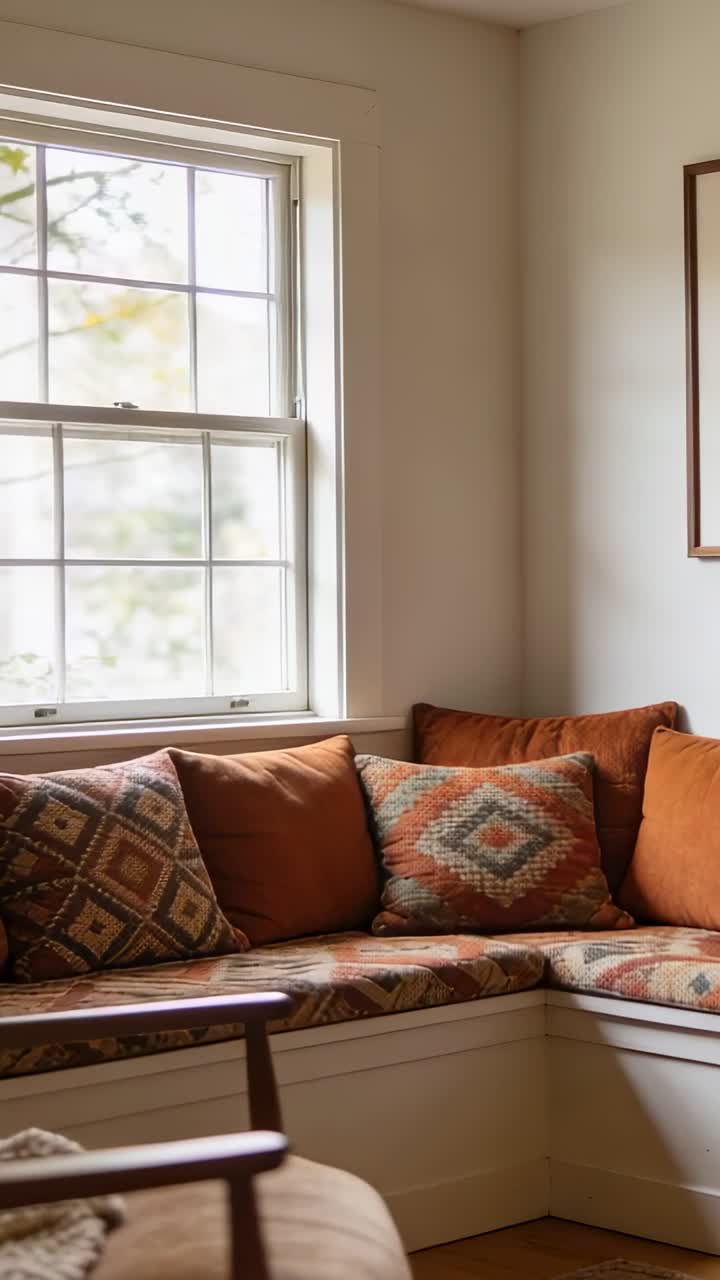 Vertical video: Recording camera capturing L-shaped bench at home, with rust cushions and pillows
