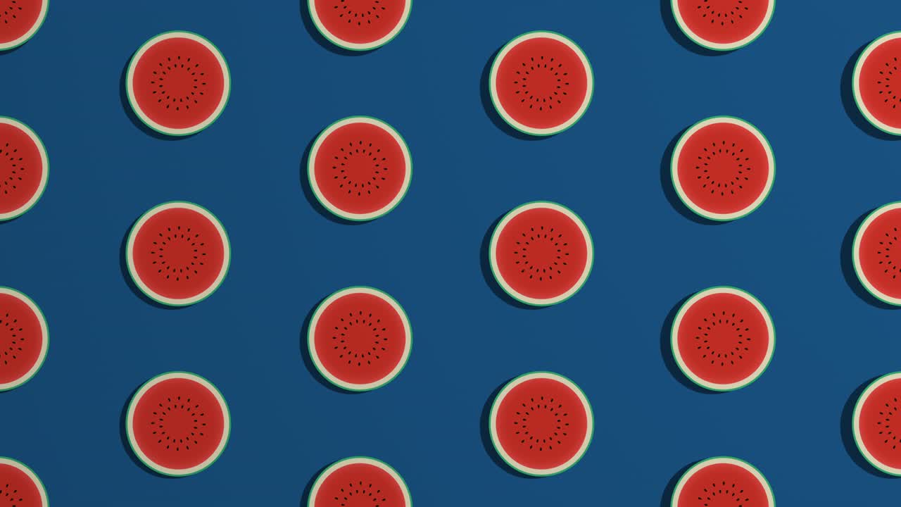 las rebanadas de sandía giratorias. patrón en fondo azul. estilo minimal. animación de bucle