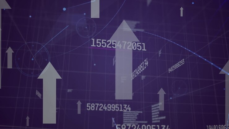 Animation of moving arrows and increasing numbers on purple background