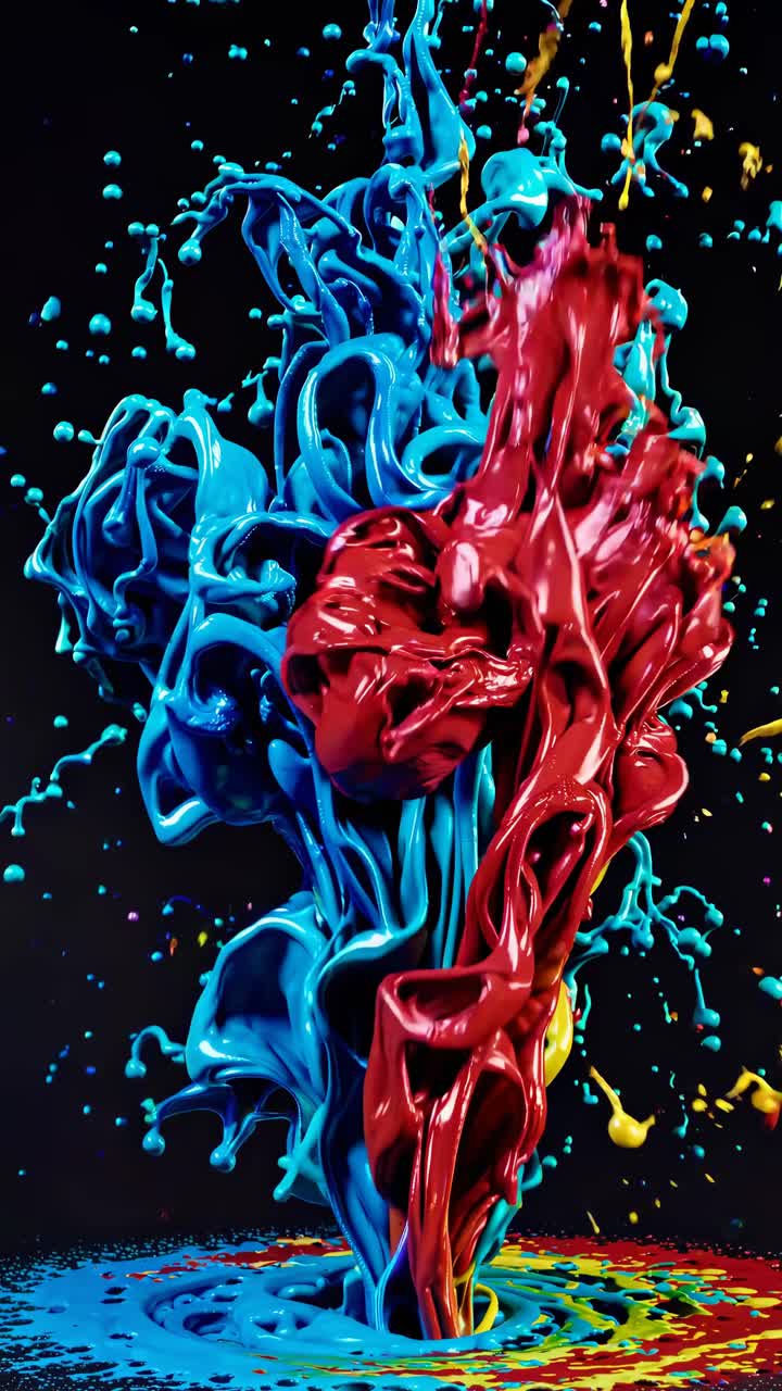 Dynamic splash of vibrant paint colors captured in mid-air from a low-angle perspective