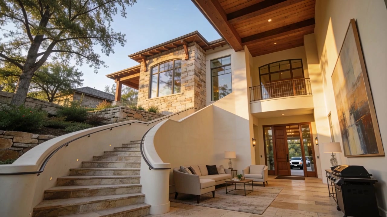 Pulling back and panning, camera showing curved staircase, sofa in porch, revealing foyer and car