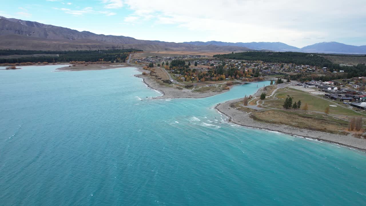Bridges Across Tekapo River In Lake Tekapo Township, Mackenzie District, New Zealand. wide aerial shot
