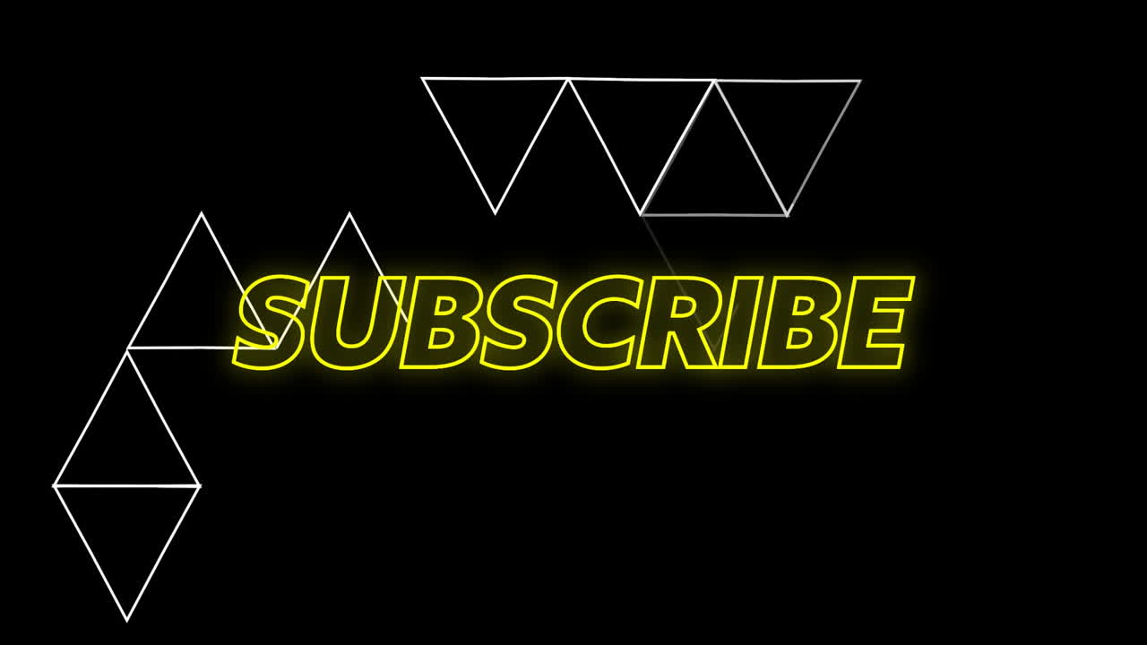 Glowing yellow Subscribe text over geometric shapes on black background animation