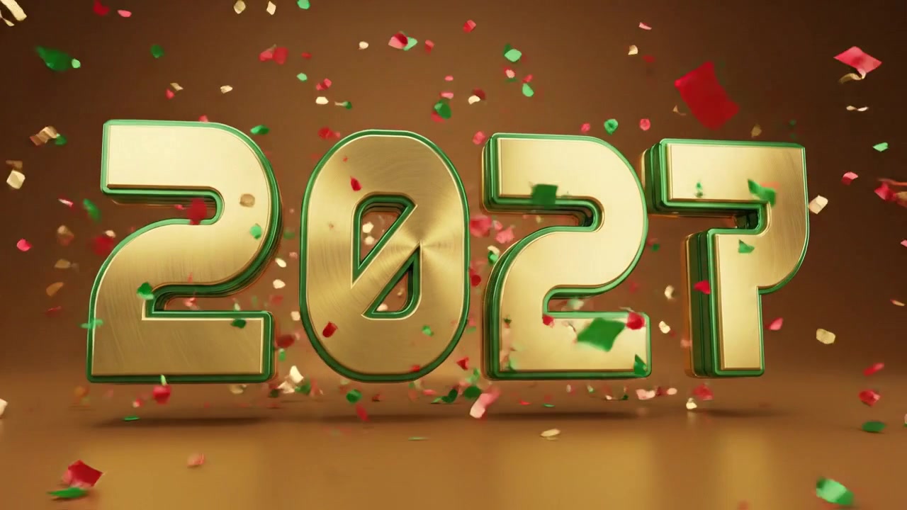 Motion graphic del numero decorativo 2027 con tipografia metallica oro e verde