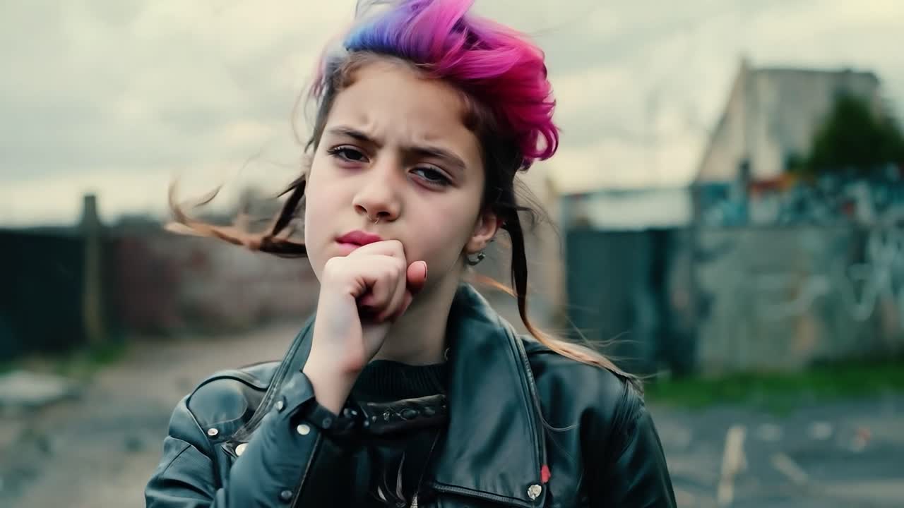 Young woman with pink and blue hair and piercings wearing a leather jacket