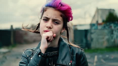 young woman with pink and blue hair and piercings wearing a leather jacket