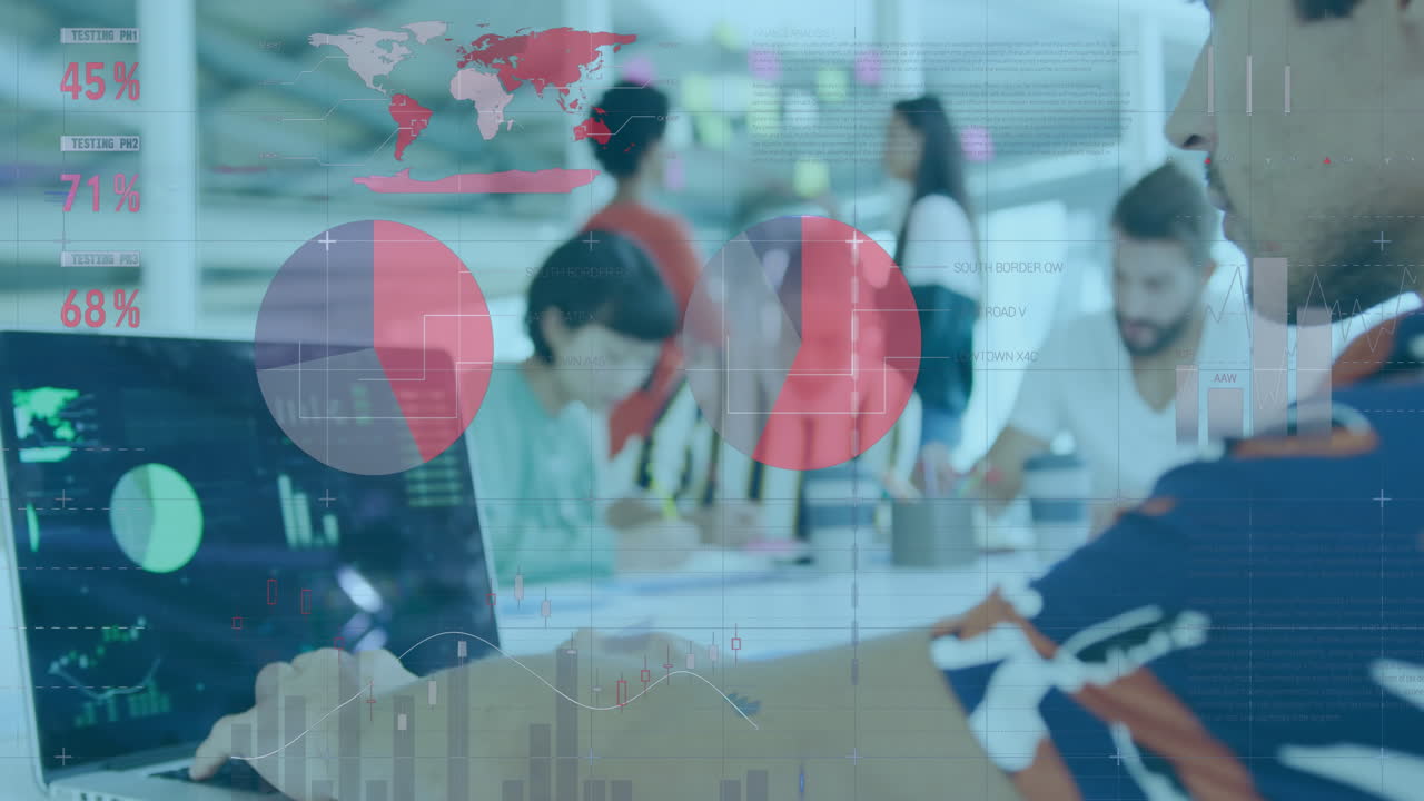 사무실에서 노트북을 사용하는 행복한 백인 남자의 뒤쪽 시선에 대한 통계 데이터 처리 애니메이션