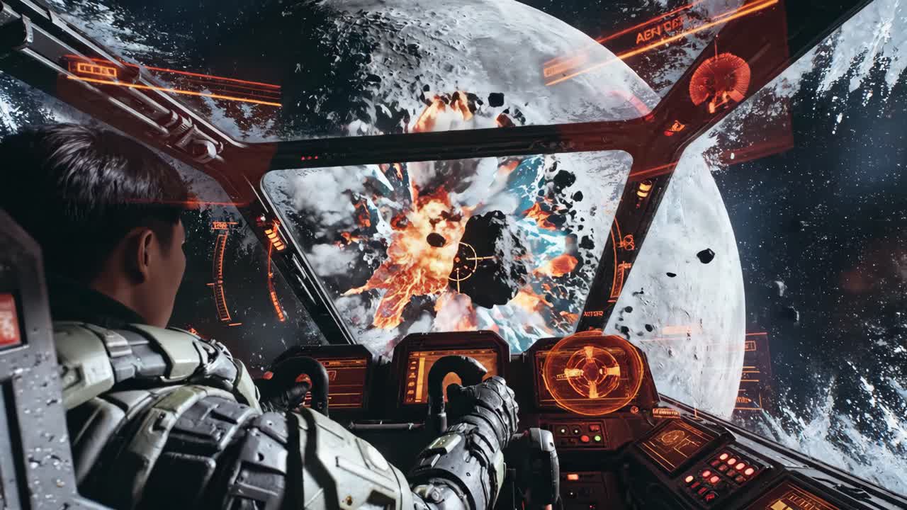 Pilot in Spaceship Cockpit Witnessing a Massive Space Explosion