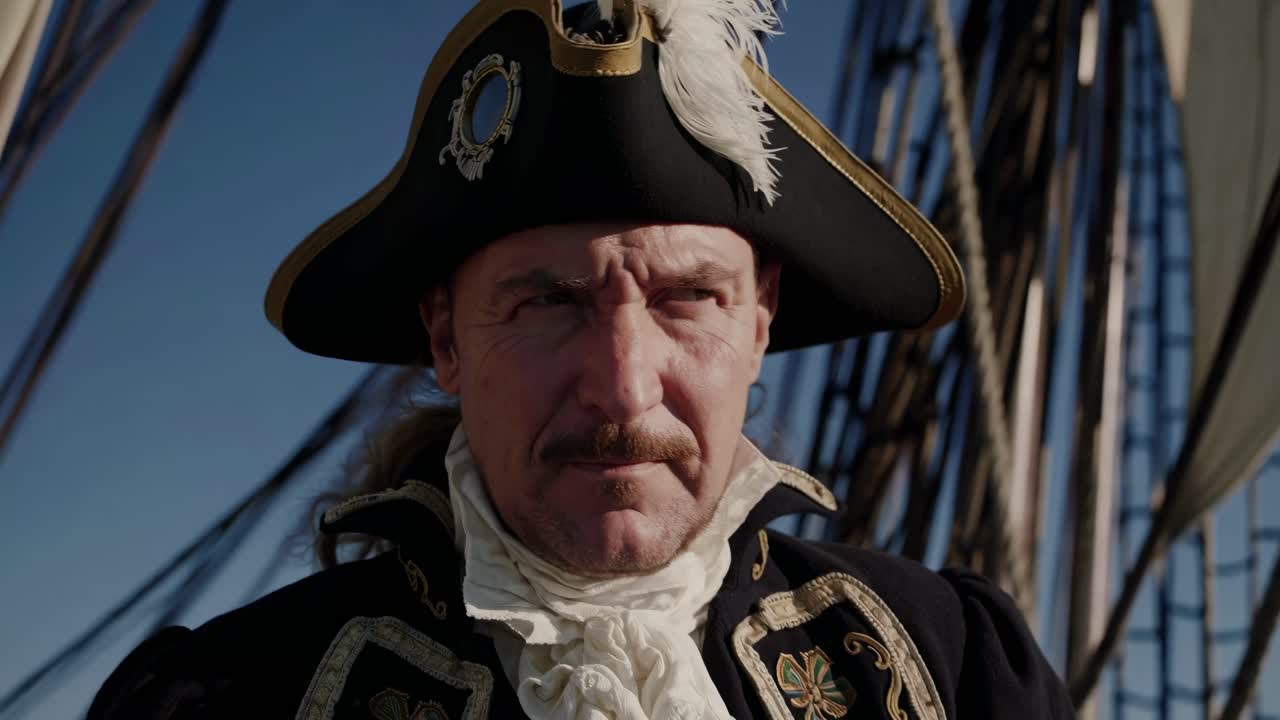 A dramatic low-angle shot of a stern pirate captain on deck, capturing the essence of adventure
