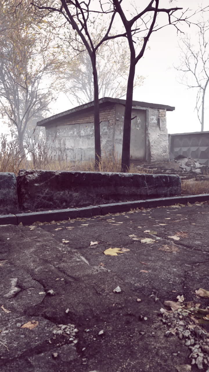 edificio abandonado en el bosque de niebla