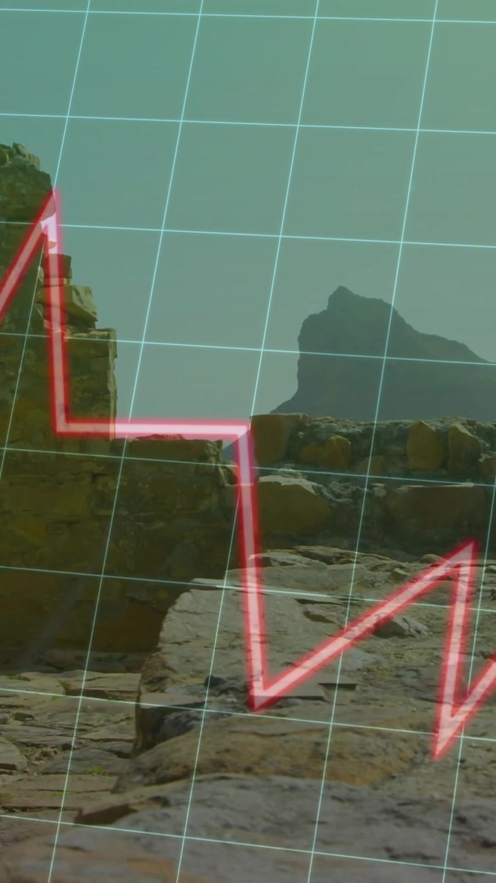 Vertical video: Cam panning revealing pillar coast teal grid pink arrow and zigzag guiding research