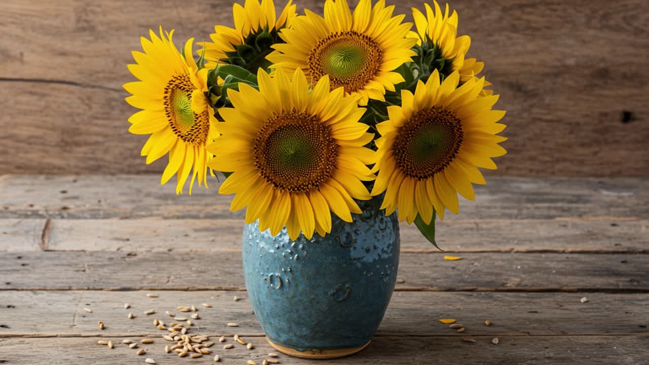 A Beautiful Arrangement of Vibrant Sunflowers in a Rustic Ceramic Vase, Showcasing Their Bright Yellow Petals Against a Natural Wood Background