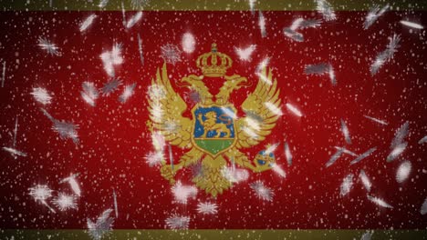 montenegro flag falling snow loopable, new year and christmas background, loop