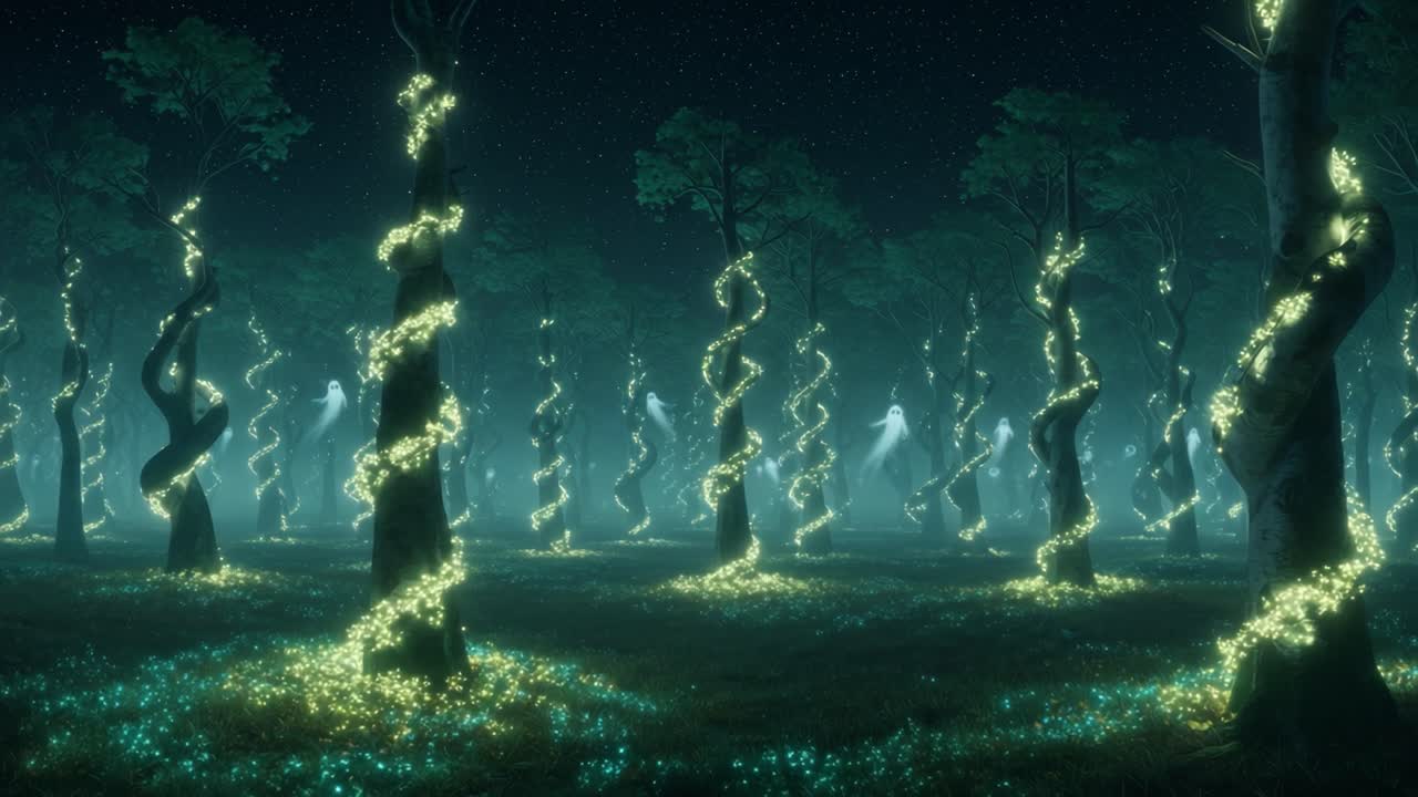 Enchanted Forest: A Mystical Display of Twisting Trees Illuminated by Glowing Vines Under a Starry Night Sky, Creating a Dreamlike Atmosphere of Natural Wonder