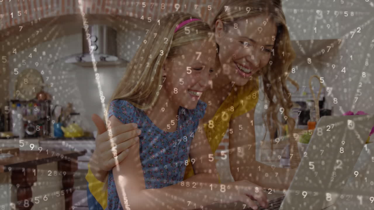 Mother and daughter using laptop with data processing animation overlay