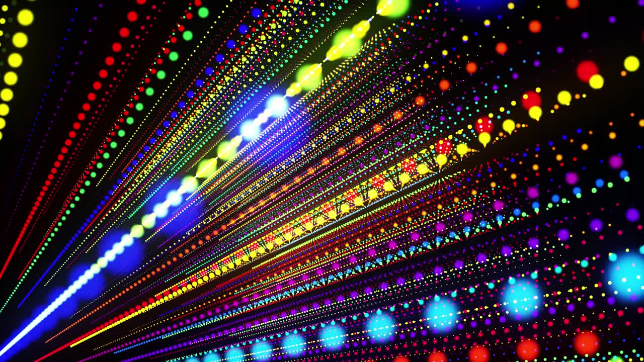 추상적인 3d 루프 배경은 빛나는 입자가 3d 공간에서 줄지어 서 있습니다. 다채로운 입자와 부드러운 애니메이션 카메라를 가진 축제 vj 루프.