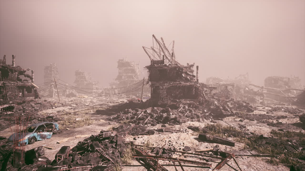 Desolated urban landscape shows the aftermath of military destruction