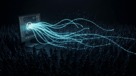creative individuals in a dark space interact with a digital display showcasing luminous patterns and flowing blue energy
