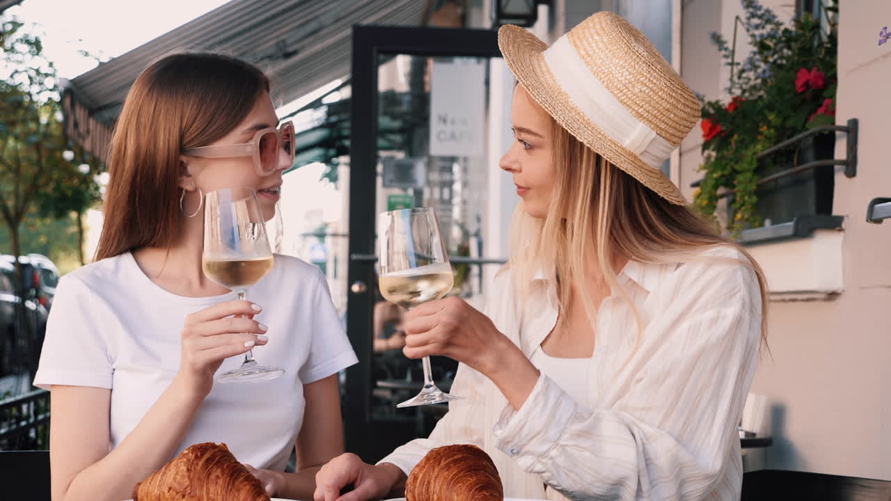 두 명의 여성이 야외 카페에서 캐주얼한 점심을 즐기고 있습니다.