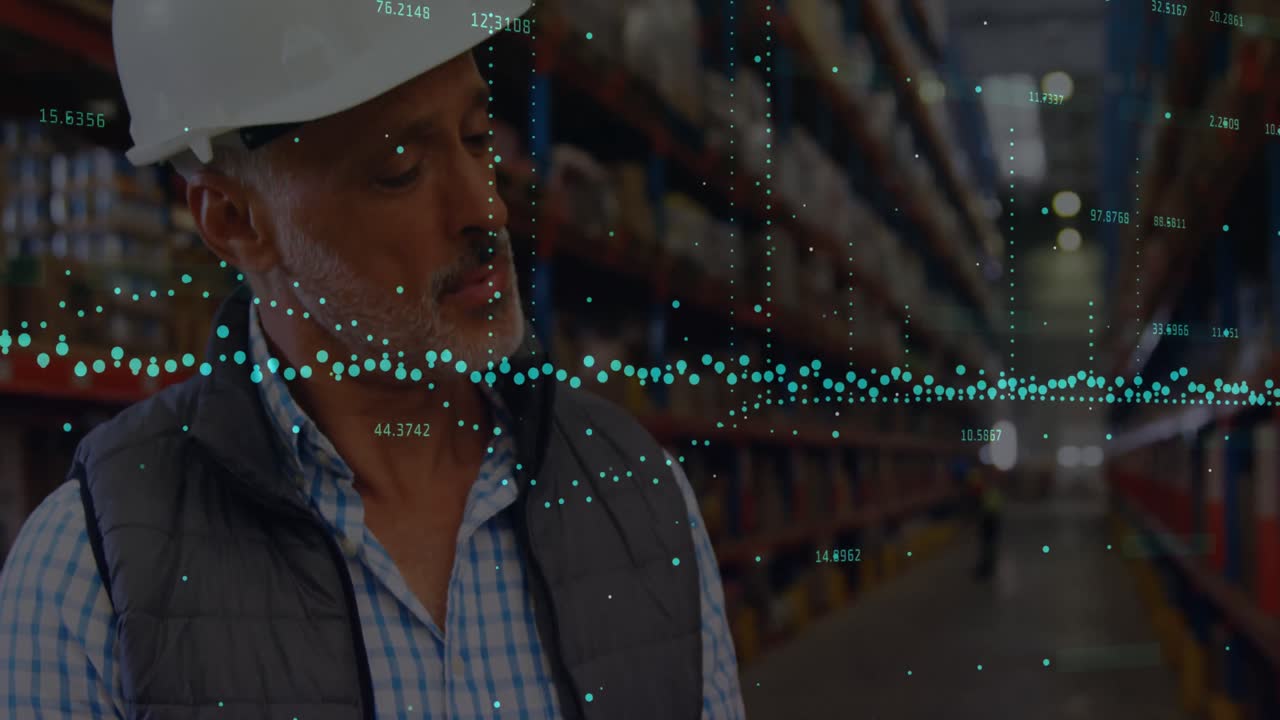 Animation of financial data processing over people working in warehouse