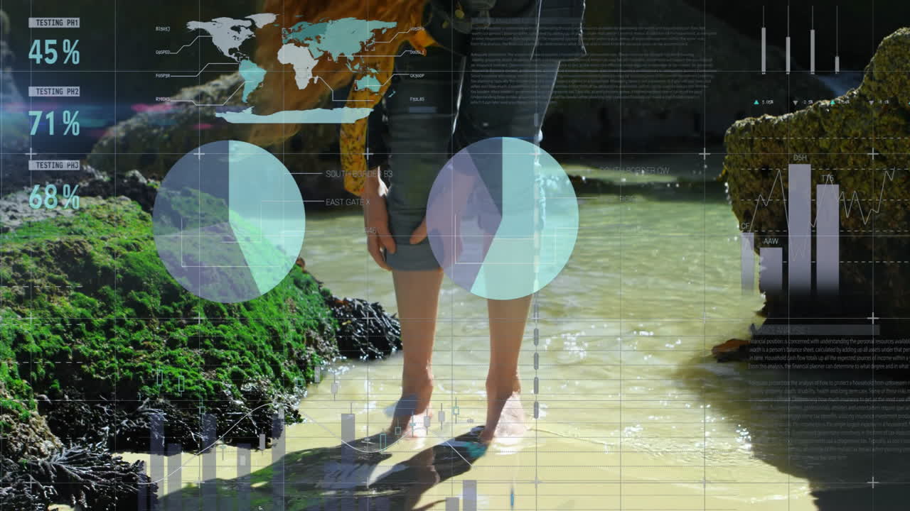 animación del procesamiento de datos financieros sobre la mujer caucásica por mar