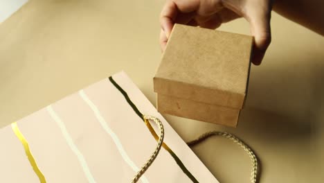 persona poniendo una caja de regalos en una bolsa de regalos