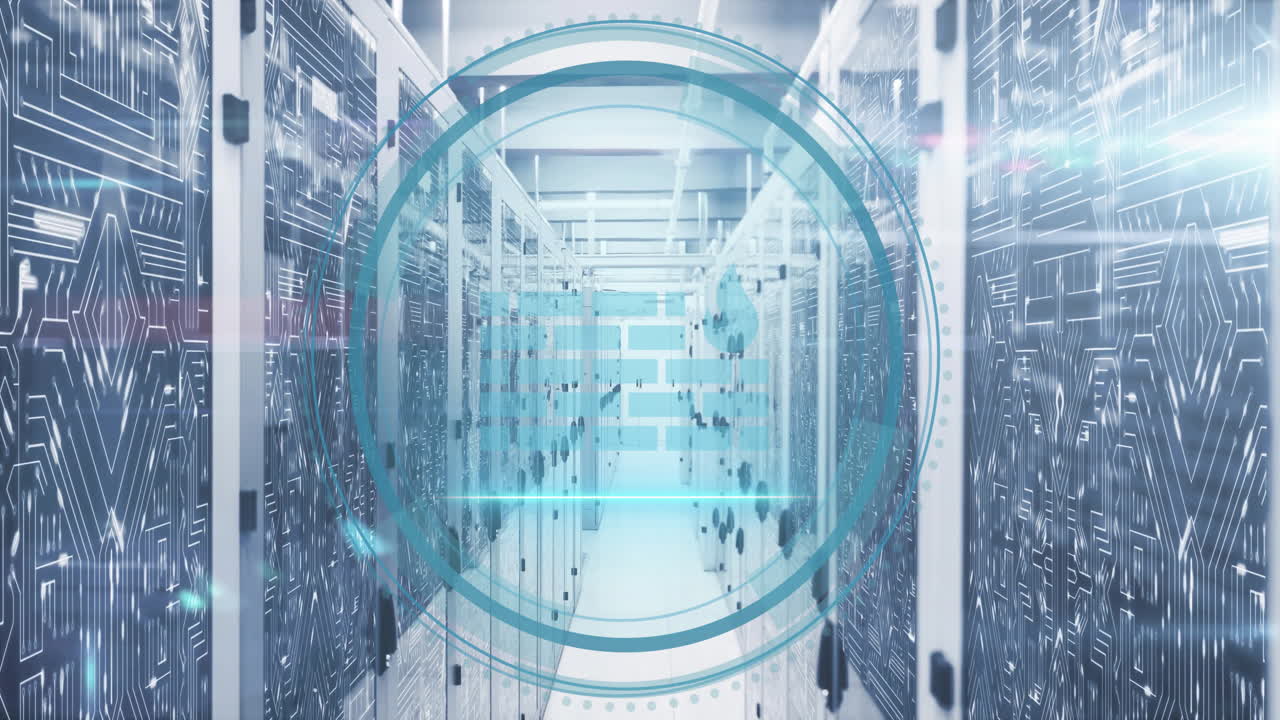 방화벽 아이콘의 애니메이션 및 컴퓨터 서버를 통해 디지털 데이터 처리