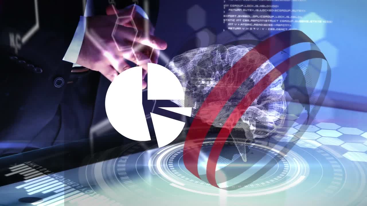 데이터 처리 및 뇌의 애니메이션 백인 사업가 디지털 인터페이스를 만지기