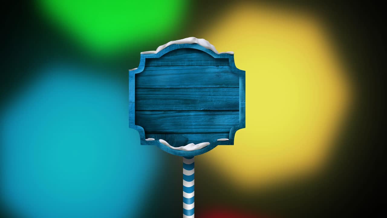 Animazione di cartello di legno blu con spazio per il testo e lucine di Natale sfarfallanti