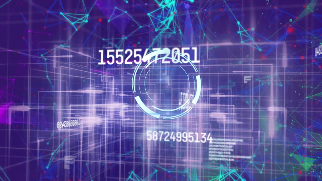 animación digital de escáner redondo y múltiples números cambiantes contra la red de conexiones