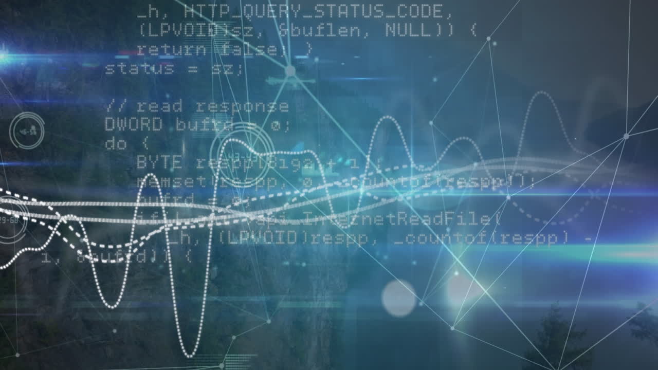 animación de la red de conexiones y procesamiento de datos sobre fondo azul