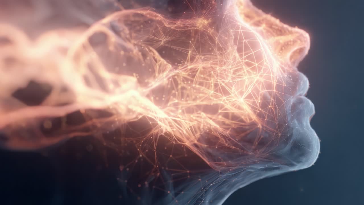 Una straordinaria visualizzazione di un volto umano composto da particelle dinamiche e luce, che cattura una miscela unica di tecnologia, arte ed emozione in forma astratta