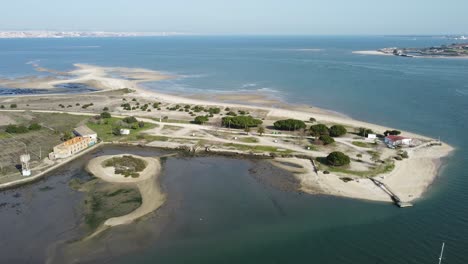 Aerial-View-Of-Picnic-Park-And-Pier-In-Ponta-dos-Corvos-In-Amora,-Portugal