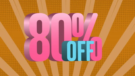 animation of 80 percent off text banner over rays spinning in seamless pattern on yellow background