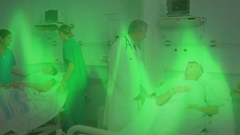 animación de monitor de ritmo cardíaco sobre médico caucásico hablando con paciente masculino en el hospital