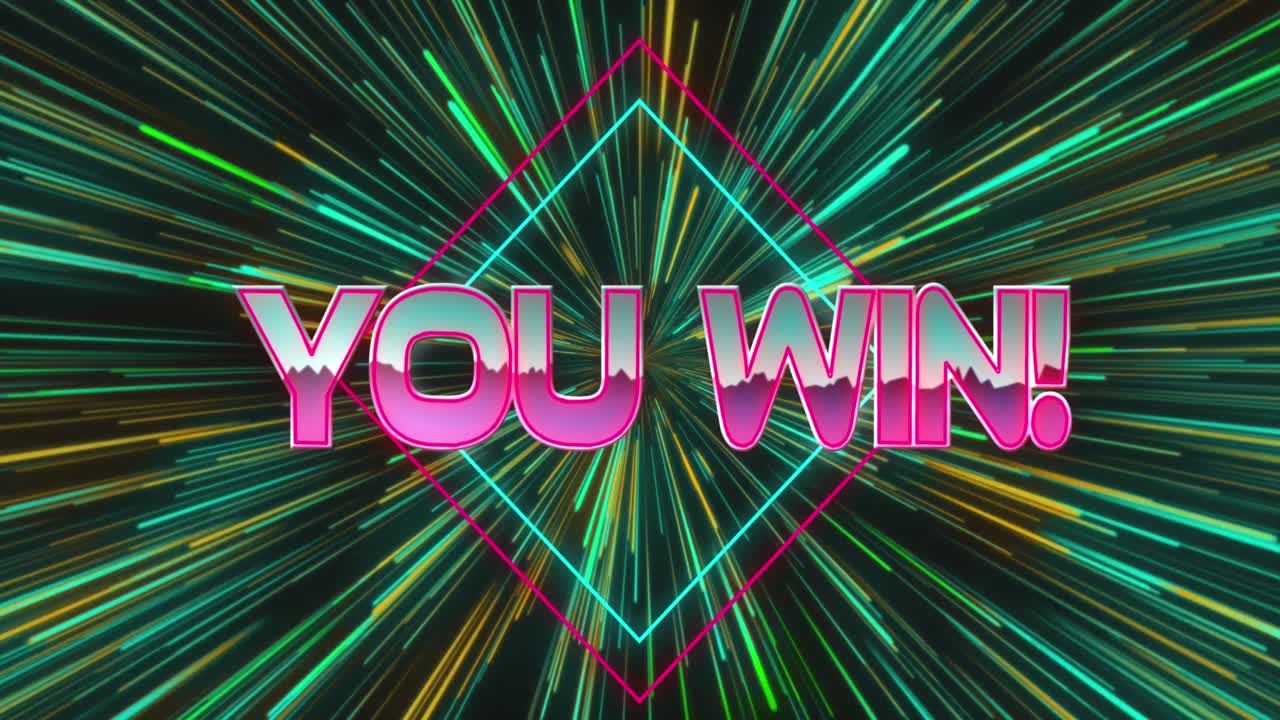 검은색 배경에 원활한 패턴으로 녹색 빛 트레일 위에 텍스트 배너를 승리 애니메이션