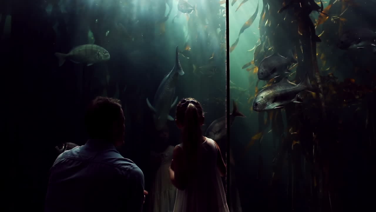Padre e figlia che guardano i pesci nell'acquario