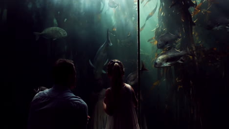 father and daughter looking at fish in the tank
