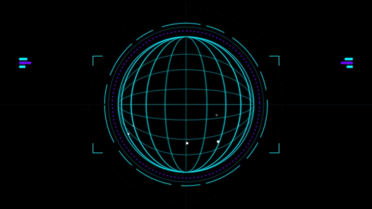 Futuristic Digital Globe Interface with Rotating Grid and Data Points
