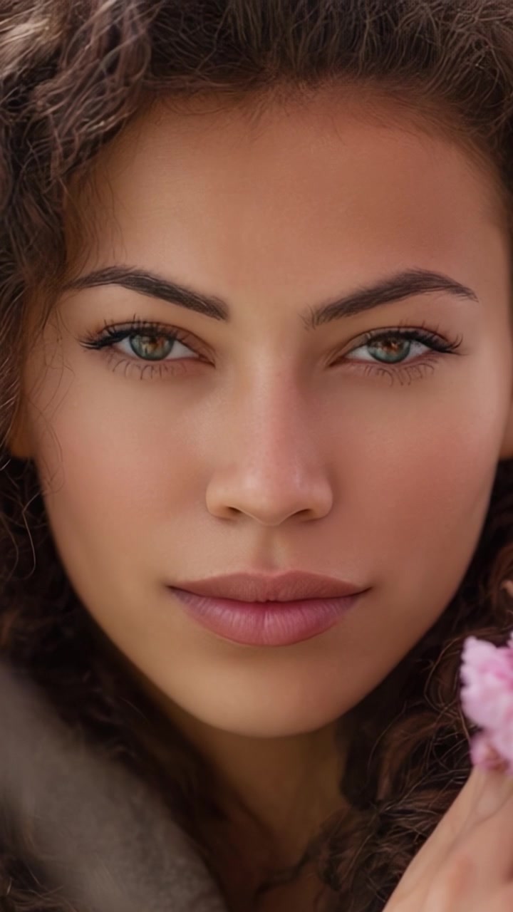 Ritratto in primo piano di una donna con capelli ricci e un accento floreale, che cattura un momento di serenità e introspezione in un'estetica di illuminazione naturale.