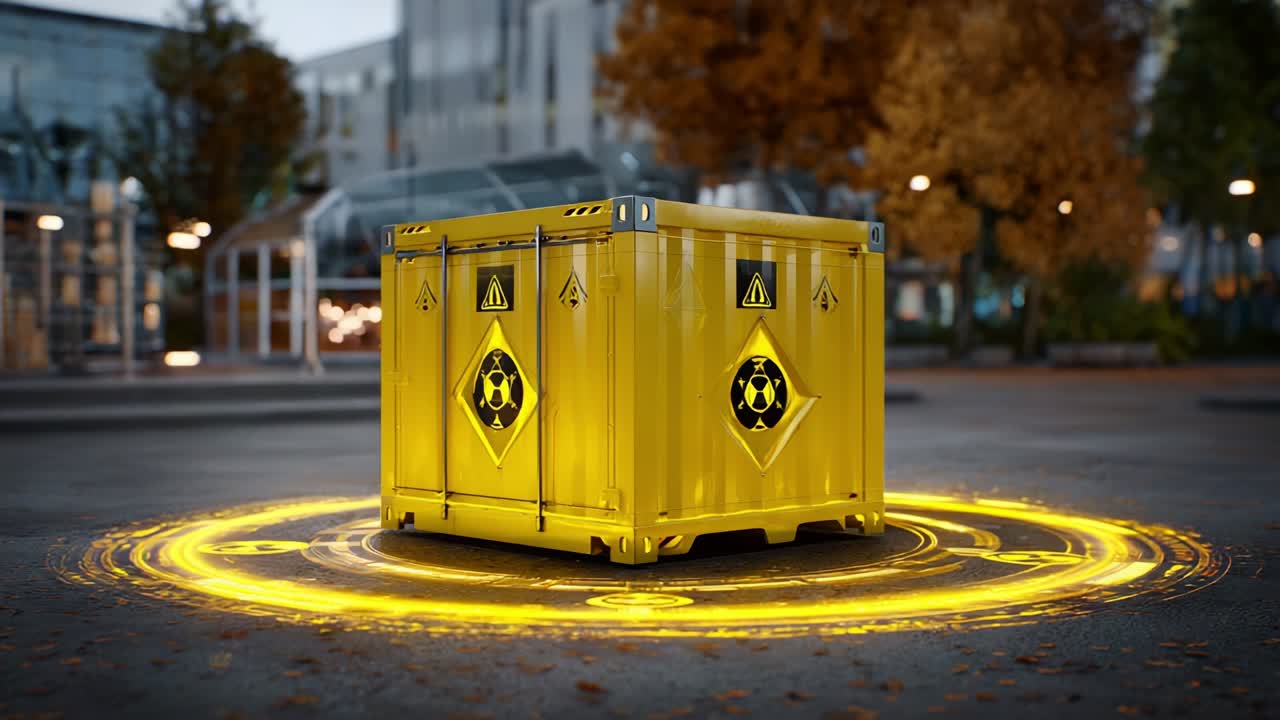 A Neon Yellow Hazardous Container Surrounded by a Glowing Circular Emblem, Set Against a Modern Urban Landscape Filled with Autumn Colors and Architectural Elegance, Evoking a Sense of Caution and Adventure
