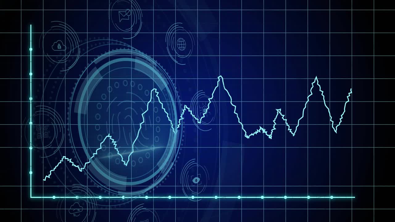 Jagged waveform emerging on neon grid, driving HUD scanning protecting data with fingerprint icon