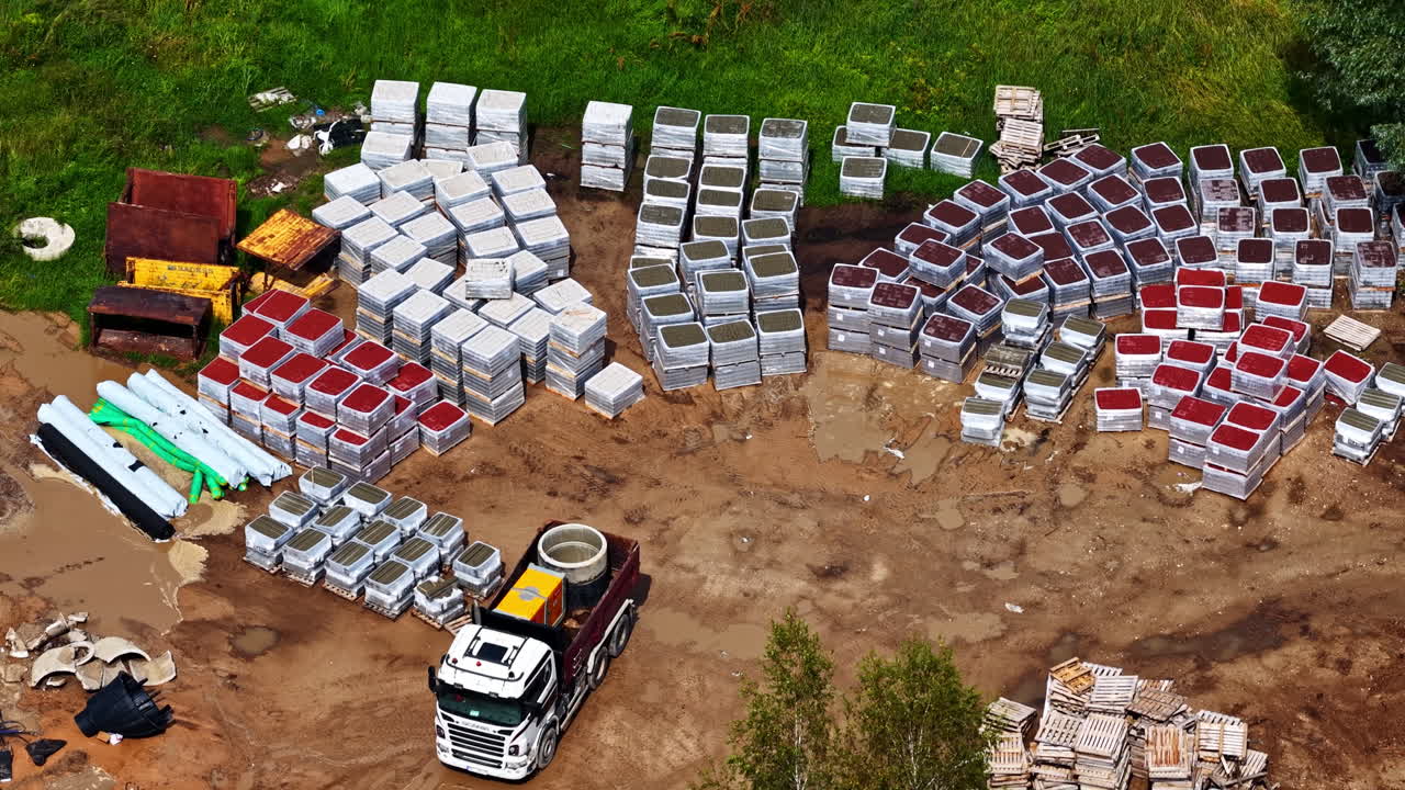 Drone view of construction site with multiple stacks of concrete materials