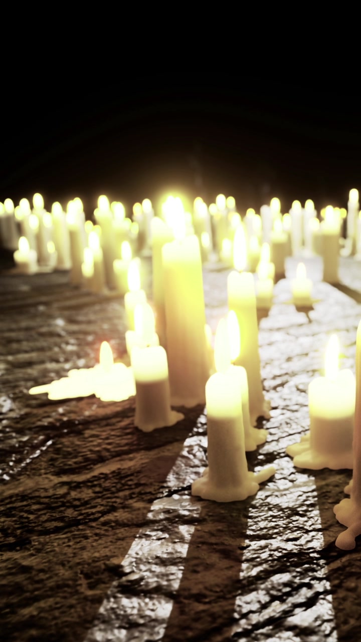 Morbido bagliore dorato di candele che illumina un sentiero di pietra scuro di notte.