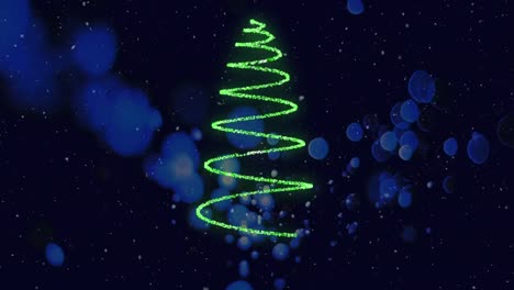 la escena muestra la nieve cayendo sobre un fondo negro, con un árbol de navidad brillante en primer plano.