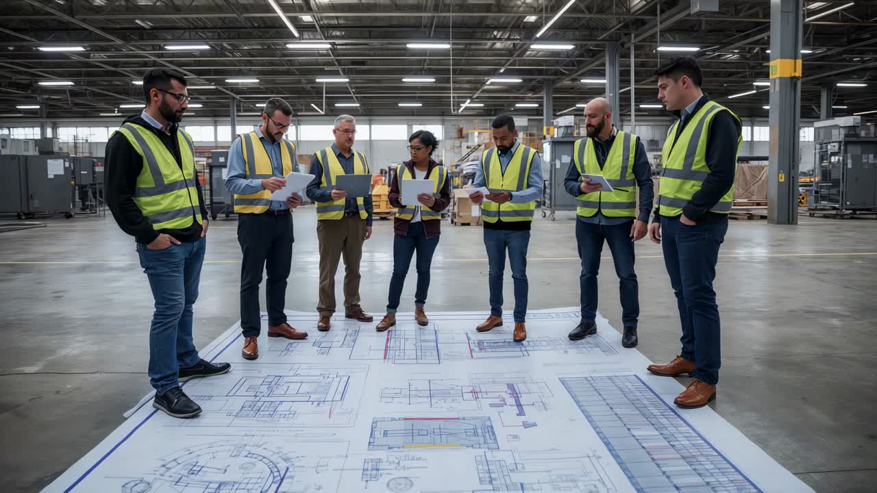 Gathering around blueprints site team in hi-vis vests inspecting plans at warehouse, planning build