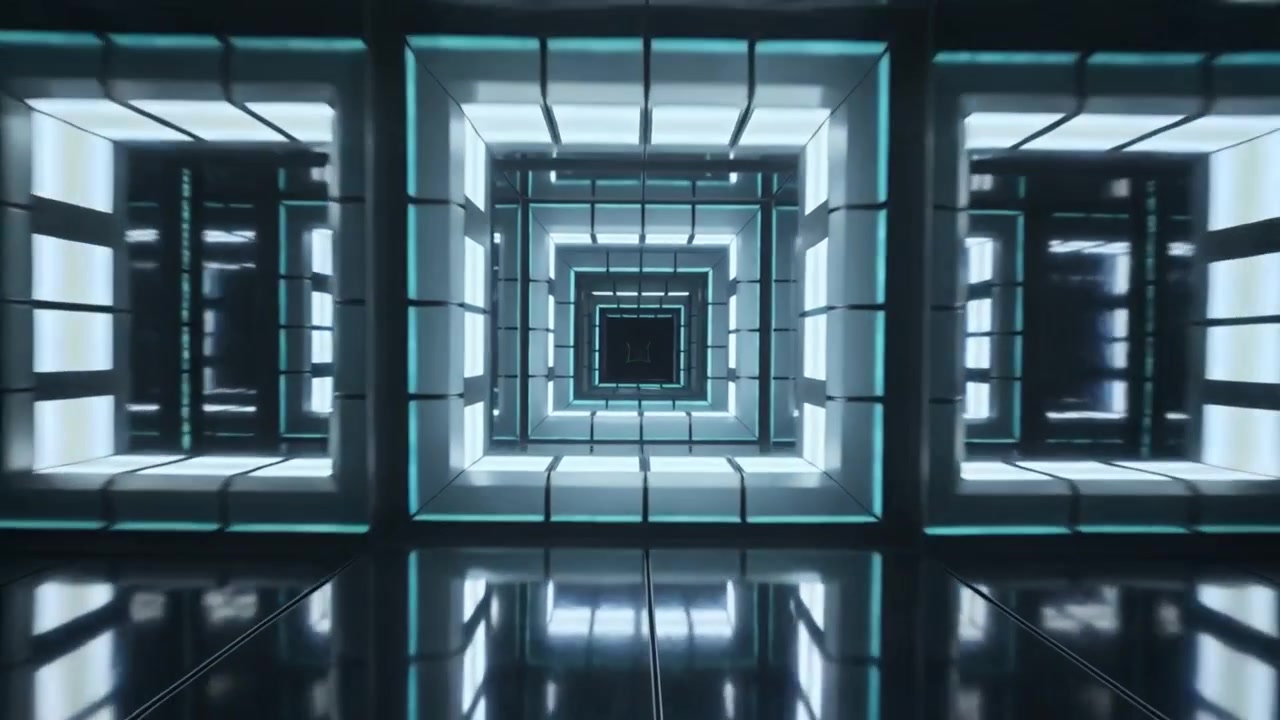 Rotating cam centering and moving through inner square frames, revealing turquoise lines, dark void